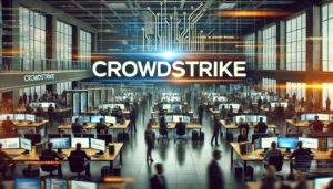 Banner image with the word 'CrowdStrike' prominently displayed in the center, featuring a busy office environment with people working at computers, modern technology, and a sense of activity and urgency.